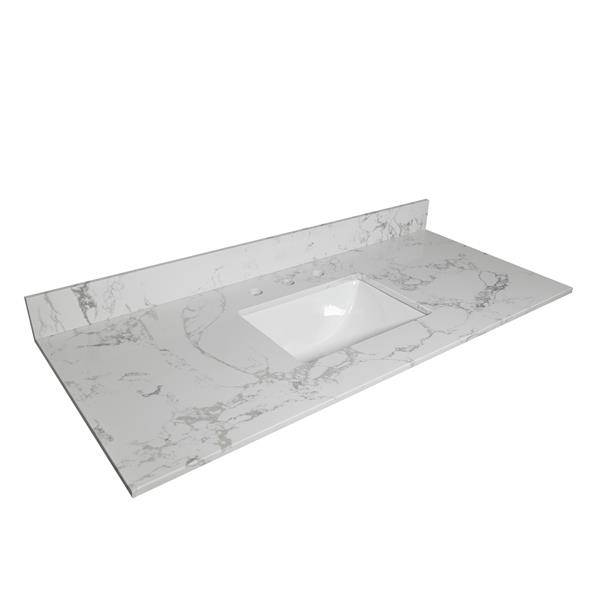 43x22 bathroom stone vanity top  engineered stone carrara white marble color with rectangle undermount ceramic sink and  3 faucet hole with back splash .