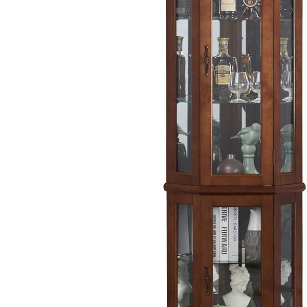 Corner Curio Cabinet with Lights, Adjustable Tempered Glass Shelves, Mirrored Back, Display Cabinet,Walnut(E26 light bulb not included)