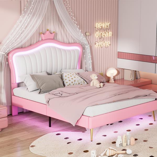 Full Size Upholstered Bed Frame with LED Lights,Modern Upholstered Princess Bed With Crown Headboard,White+Pink