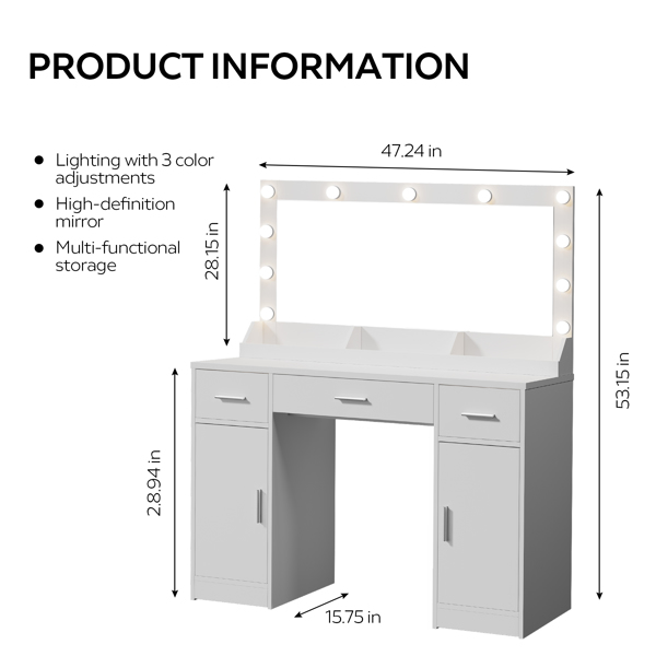 47.2"Vanity Desk with Large Mirror, 3 Colour Lighting Modes, Adjustable Brightness, Dresser with 3 Drawers & 2 Vertical Cabinets, Makeup Vanity Table for Women & Girls (White) 