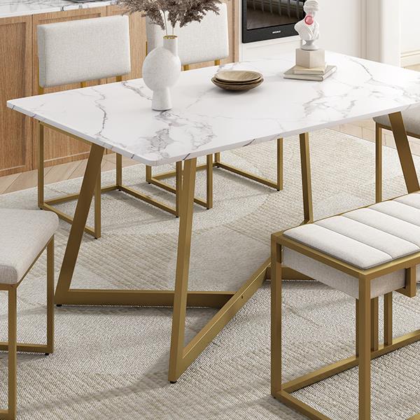 Modern Faux Marble 6-Piece Dining Table Set,60inch Metal Kitchen Table Set with Upholstered Dining Chairs and Bench, Golden