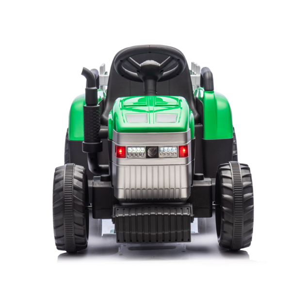 Green, 12V7AH Battery-Powered Toy Tractor with Trailer, Remote Control, Kids' Electric Excavator Vehicles with 2x35W Dual Motor, Treaded Tires, LED Lights, USB, Music,  - Gift Childrens DAY