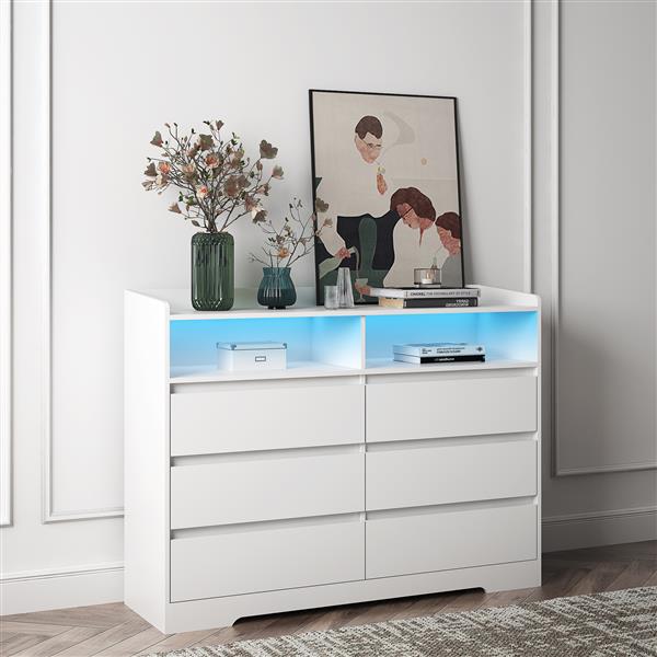 6 Drawer Dresser, White Dresser for Bedroom with LED Lights, Modern Dressers & Chests of Drawers with Sturdy Frame for Living Room, Entryway, Hallway