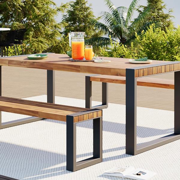 3-pieces Outdoor Dining Table With 2 Benches, Patio Dining Set With Unique Top Texture, Acacia Wood Top & Steel Frame, All Weather Use, For Outdoor & Indoor, Natural