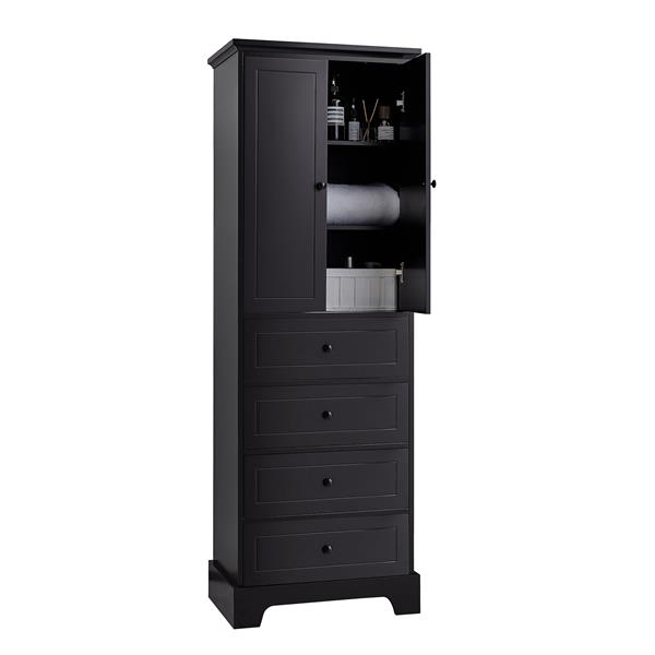 Storage Cabinet with 2 Doors and 4 Drawers for Bathroom, Office, Adjustable Shelf, MDF Board with Painted Finish, Black