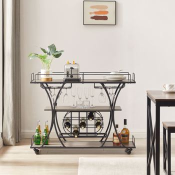 Painted Bar Cart, With Wine Rack And Glass Holder, For Kitchen, Serving, Hotel, Black