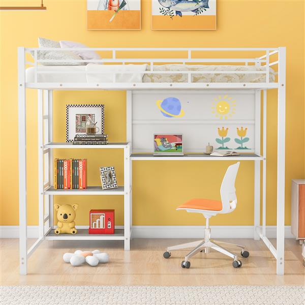 Full Size Loft Bed with Desk and Whiteboard, Metal Loft Bed with 3 Shelves and Ladder, White