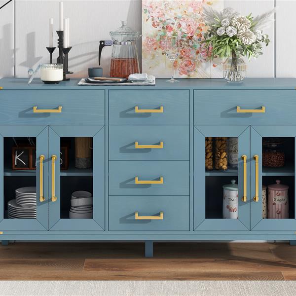 6-drawer and 2-Cabinet Retro Sideboard with Extra Large Storage Space, with ld Handles and Solid Wood Legs, for Kitchen and Living Room (Antique Blue)