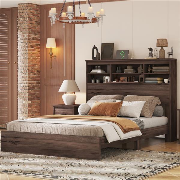 Queen Size Wooden Platform Bed with Storage Headboard,American Country Style Bed with USB Charging Ports,Dark Walnut