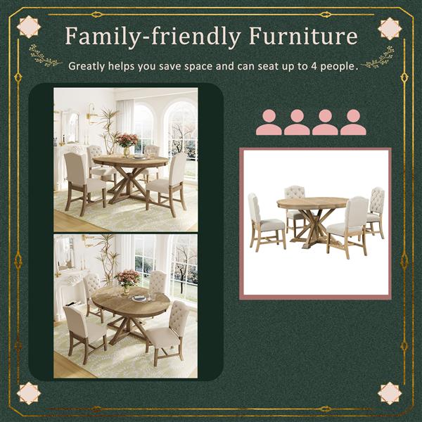 Functional Furniture Retro Style Dining Table Set with Extendable Table and 4 Upholstered Chairs for Dining Room and Living Room(Natural Wood Wash)