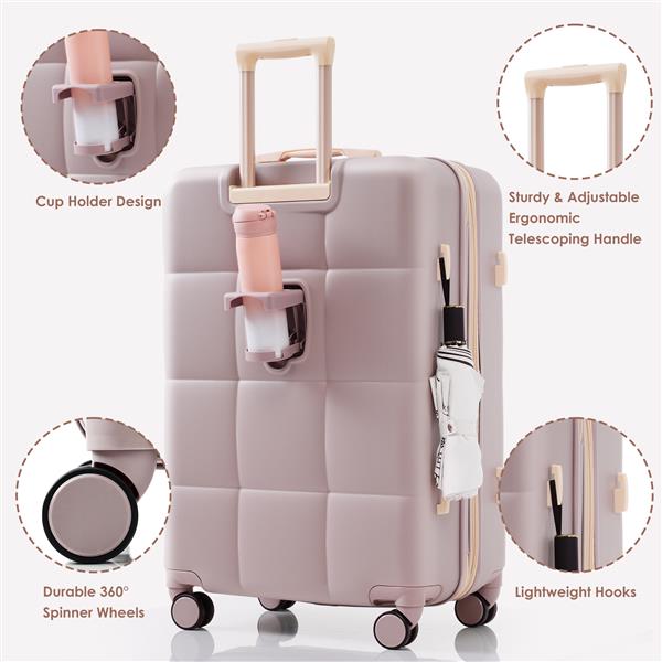 Luggage Set of 3, 20-inch with USB Port, Airline Certified Carry-on Luggage with Cup Holder, ABS Hard Shell Luggage with Spinner Wheels, RosyBrown 