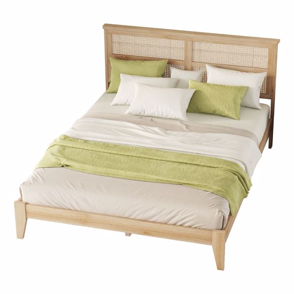 Queen Size Rubber Wooden, Solid Wooden Bed with Rattan Headboard, Enhanced by Support Feet 