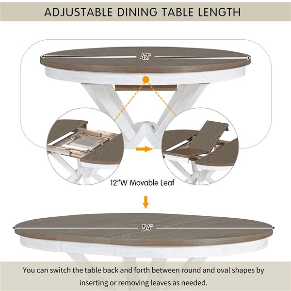 5-Piece Retro Functional Dining Table Set Extendable Round Table and 4 Upholstered Chairs for Dining Room and Living Room (Brown+Antique White)