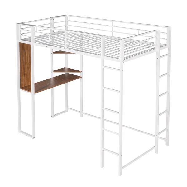 Twin Metal Loft Bed with 2 Shelves and one Desk ,WHITE