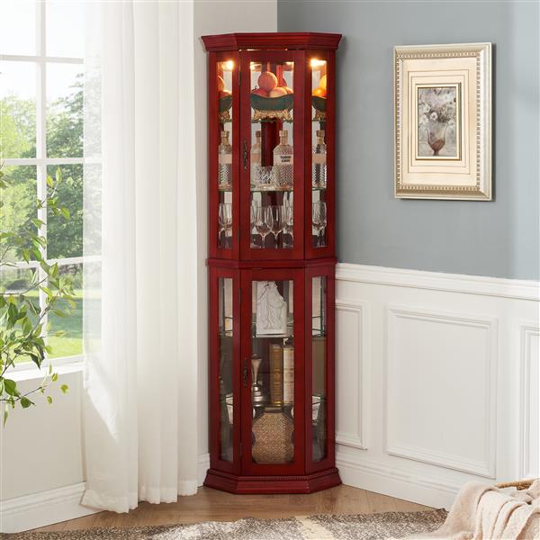 Corner Curio Cabinet Lighted Corner Display, Glass Display Shelf Shelving Bar cabinet with Tempered Glass Door, Bar Cabinet,Cabinet with Adjustable Shelf Glass Cabinet Shelves Bead Bulb Included