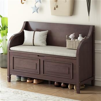 Rustic Style Solid wood Entryway Multifunctional Storage Bench with Safety Hinge (Espresso + Beige)