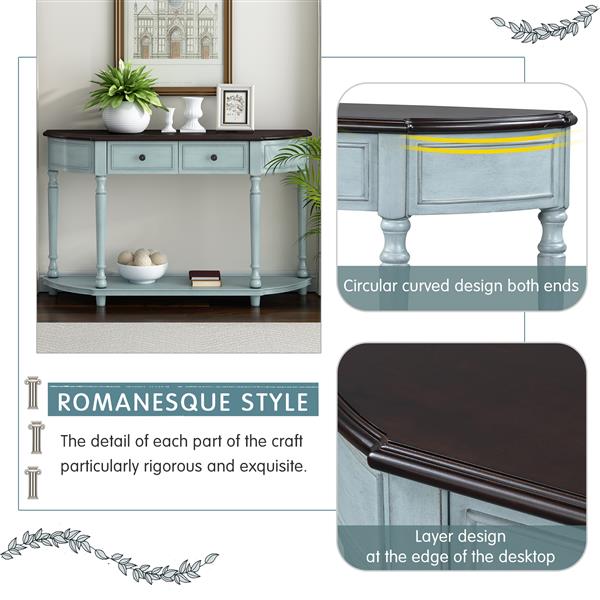 Retro Circular Curved Design Console Table with Open Style Shelf Solid Wooden Frame and Legs Two Top Drawers (Cherry + Antique Blue, OLD)