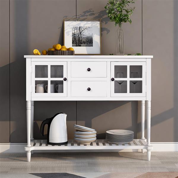 Sideboard Console Table with Bottom Shelf, Farmhouse Wood/Glass Buffet Storage Cabinet Living Room (White)