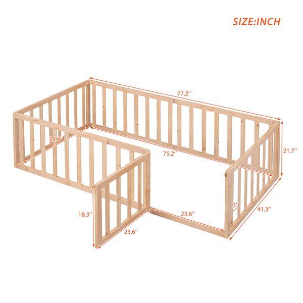 Twin Size Wood Floor Bed Frame with Fence and Door, Natural