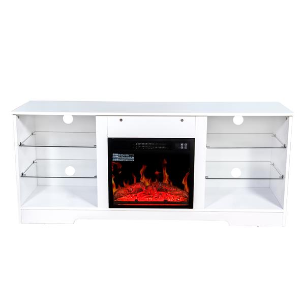 Fireplace TV Stand With 18 Inch Electric Fireplace Heater,Modern Entertainment Center for TVs up to 62 Inch With Adjustable Glass Shelves and Storage Cabinets  ( White )