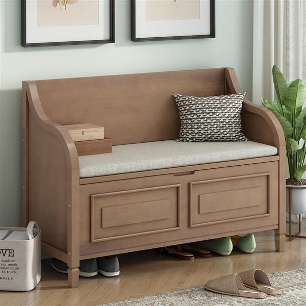 Rustic Style Solid wood Entryway Multifunctional Storage Bench with Safety Hinge (Brown+ Beige)