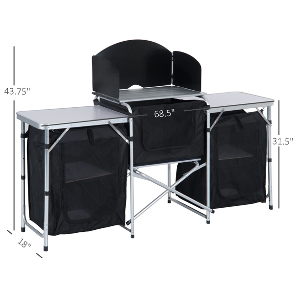 Aluminum Portable Camping Kitchen Fold-Up Cooking Table With Windscreen and 3 Enclosed Cupboards for BBQ, Party, Picnics, Backyards 