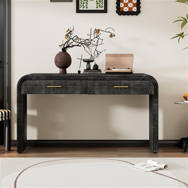 Unique Retro Silhouette Console Table with Open Style, Two Top Drawers for Entrance, Dinning Room, Living Room (Antique Black)