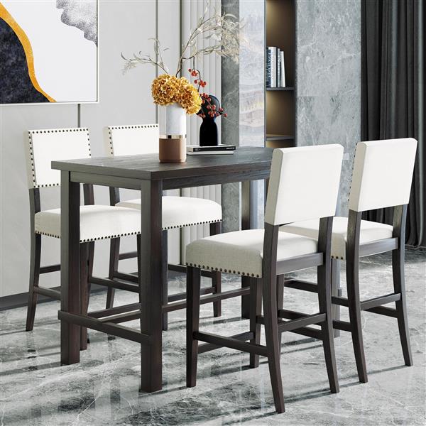 5-Piece Counter Height Dining Set, Classic Elegant Table and 4 Chairs in Espresso and Beige