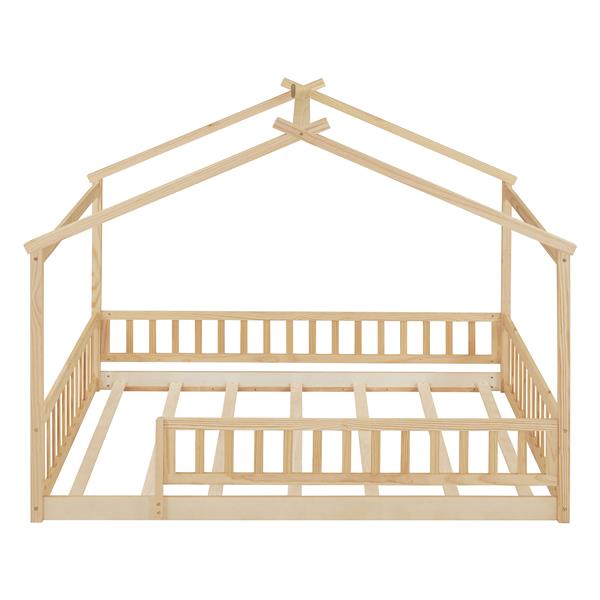 Full Size Wood Bed House Bed Frame with Fence, for Kids, Teens, Girls, Boys,Natural