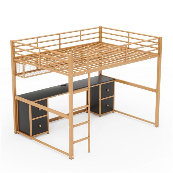 Full Size Metal Loft Bed with Desk, Drawers and Bedside Tray, Charging Station, USB and socket