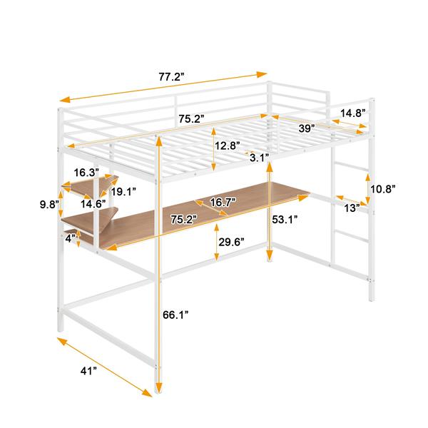 Twin Metal Loft Bed with Desk and Shelve,White