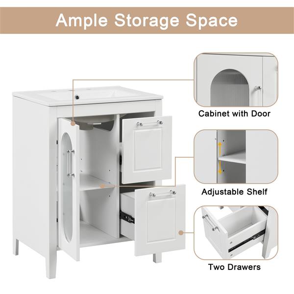 24" Bathroom Vanity with Sink, Bathroom Vanity Cabinet with Two Drawers and Door, Adjustable Shelf, Solid Wood and MDF, White