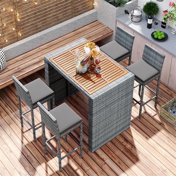 5-pieces Outdoor Patio Wicker Bar Set, Bar Height Chairs With Non-Slip Feet And Fixed Rope, Removable Cushion, Acacia Wood Table Top, Brown Wood And Gray Wicker