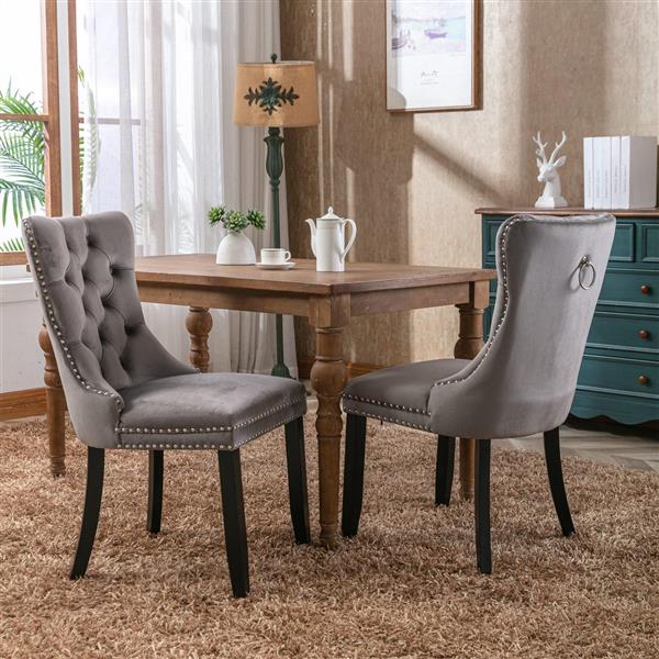 Modern, High-end Tufted Solid Wood Contemporary Velvet Upholstered Dining Chair with Wood Legs Nailhead Trim 2-Pcs Set,Gray