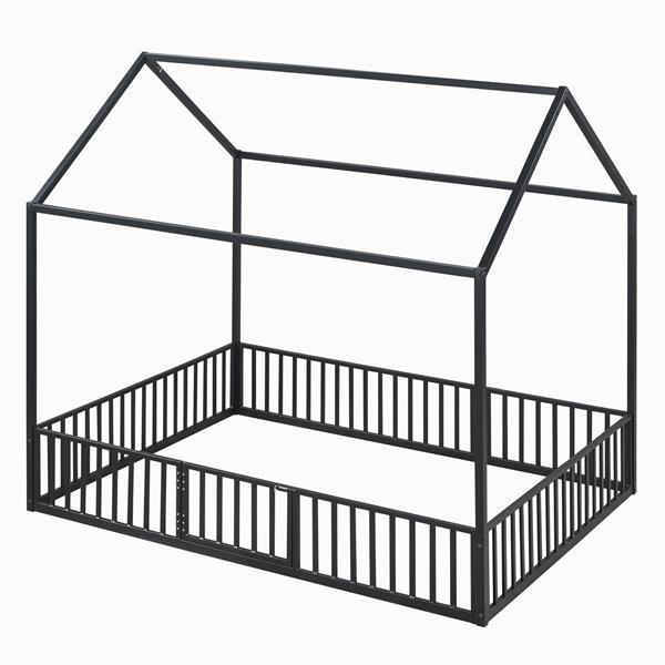 Full Size Metal House Bed with Fence and Door, Black