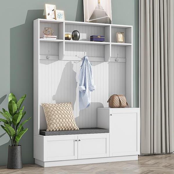 Elegant Design Hall Tree with Comfort and Storage Solutions, Functional Hallway Shoe Cabinet with Bench&Cushion, Modern Coat Rack with Hooks for Entryways, White