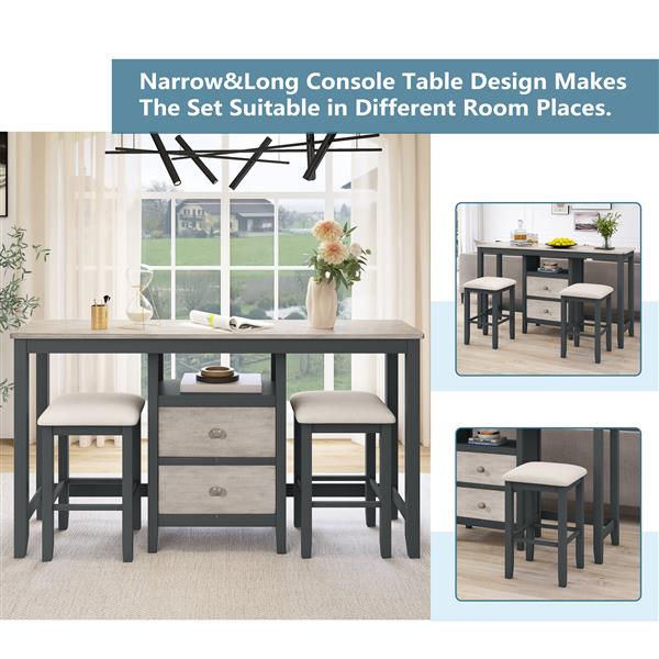 Farmhouse Rustic 3-piece Counter Height Wood Dining Table Set with Cabinet,2 Storage Drawers and 2 Stools for Small Places, Gray and Distressed Light Gray