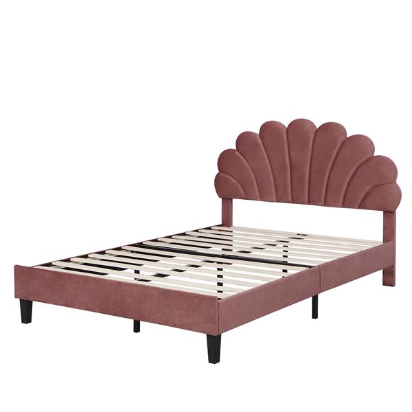 Full Size Upholstered Platform Bed with Flower Pattern Velvet Headboard, Bean Paste Red