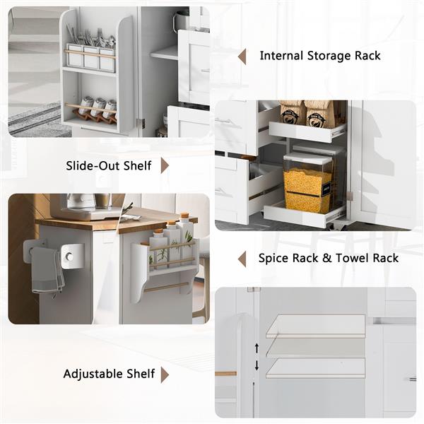 Rolling Kitchen Island with Storage, Kitchen Cart with Rubber Wood Top, 3 Drawer, 2 Slide-Out Shelf and Internal Storage Rack, Kitchen Island on Wheels with Spice Rack & Tower Rack, White