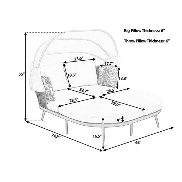 74.8" L Patio Daybed with Retractable Canopy, Outdoor Rattan PE Wicker Back Loveseat Sofa Set with Throw Pillows and Cushions for Backyard, Poolside, Garden, Beige