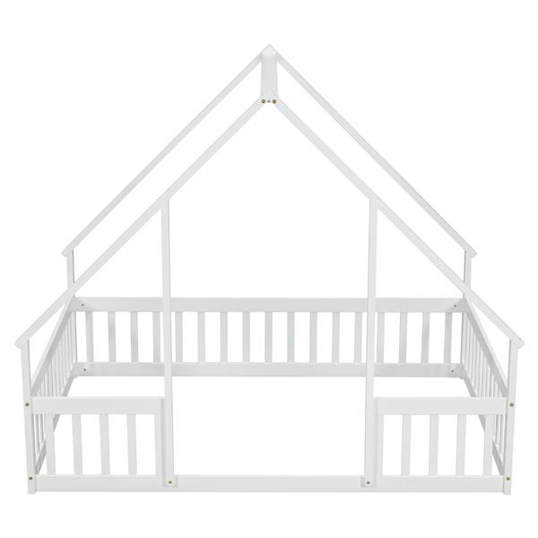 Full Wood House-Shaped Floor Bed with Fence, Guardrails,White