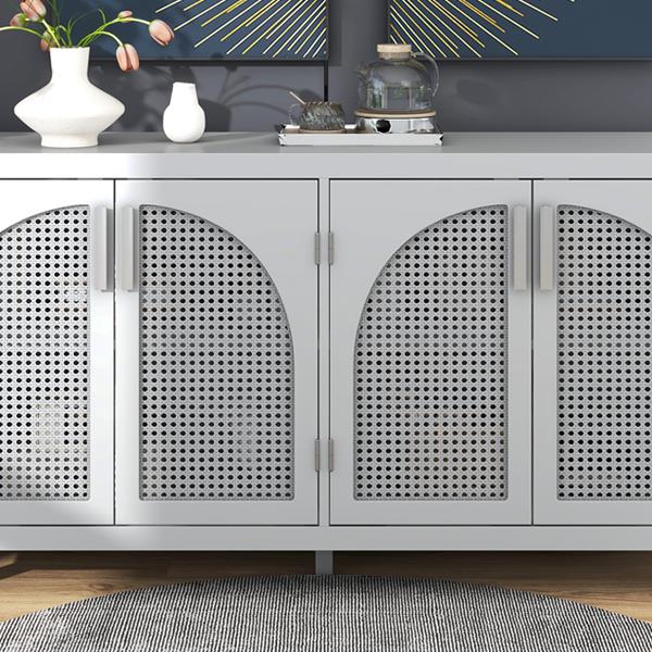 Large Storage Space Sideboard with Artificial Rattan Door and Metal Handles for Living Room and Entryway (Gray)