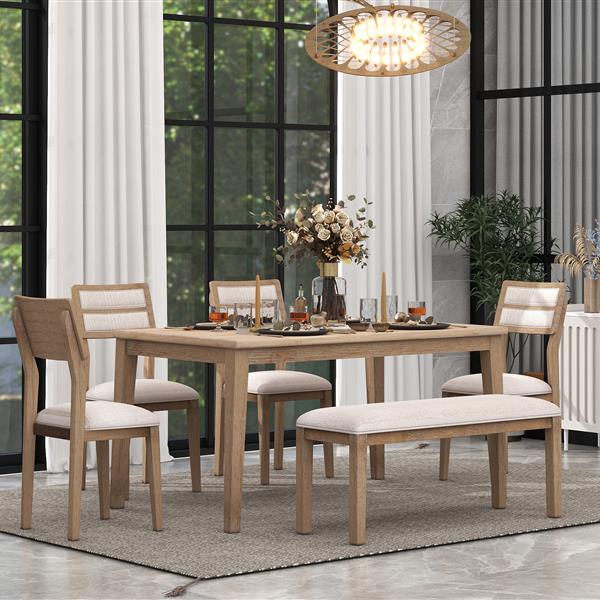 Classic and Traditional Style 6 - Piece Dining Set, Includes Dining Table, 4 Upholstered Chairs & Bench (Natural Wood Wash)