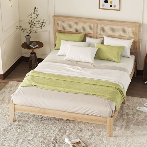 Queen Size Rubber Wooden, Solid Wooden Bed with Rattan Headboard, Enhanced by Support Feet 