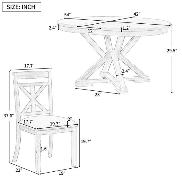 5-Piece Retro Functional Dining Table Set Extendable Round Table and 4 Upholstered Chairs for Dining Room and Living Room (Brown+Antique White)