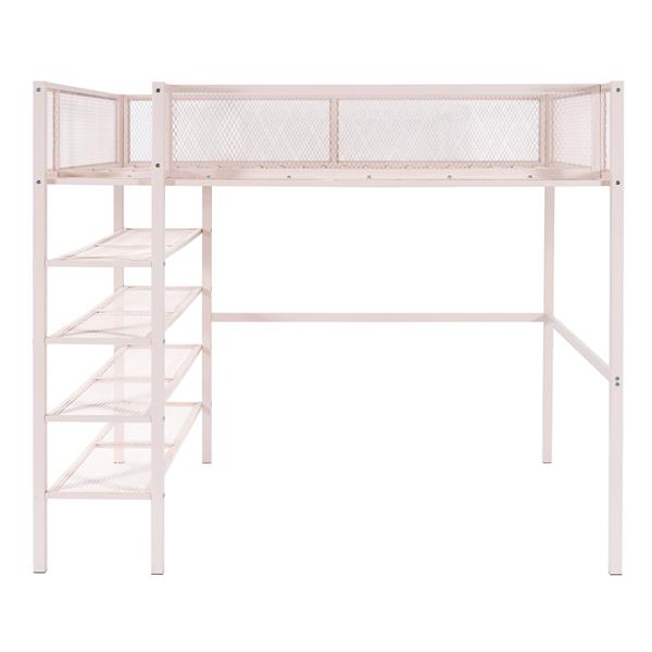 Full Size Metal Loft Bed with 4-Tier Shelves and Storage, Pink