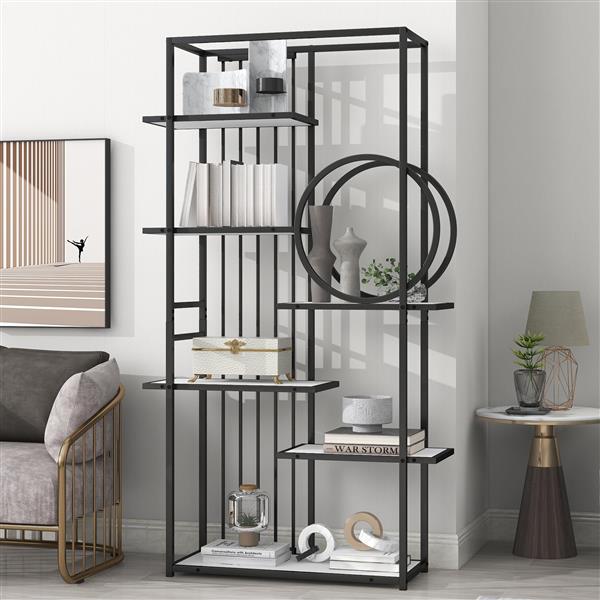 6 Tiers Home Office Bookcase Open Bookshelf with Black Metal Frame Storage Large Bookshelf Furniture, White