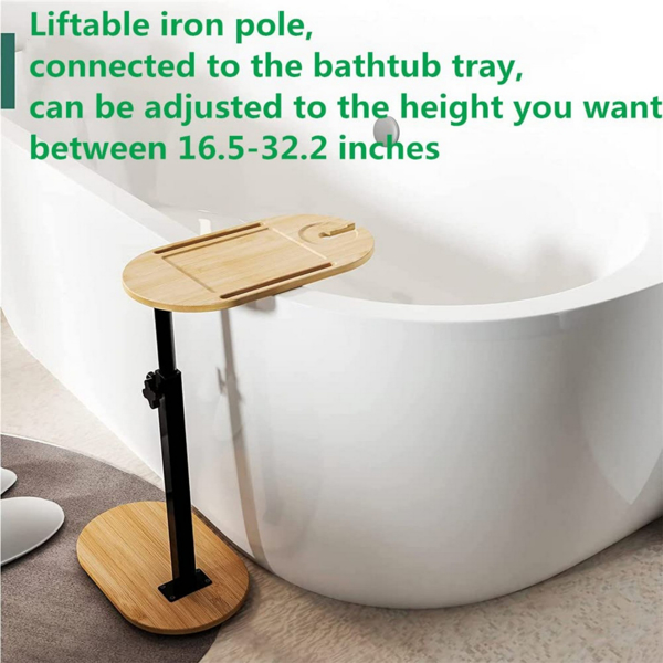 Adjustable height bamboo bathtub tray table, freestanding bathtub caddy tray for wall mounted bathtubs, bathtub side table for luxurious bathtubs, family hydrotherapy, and home heating