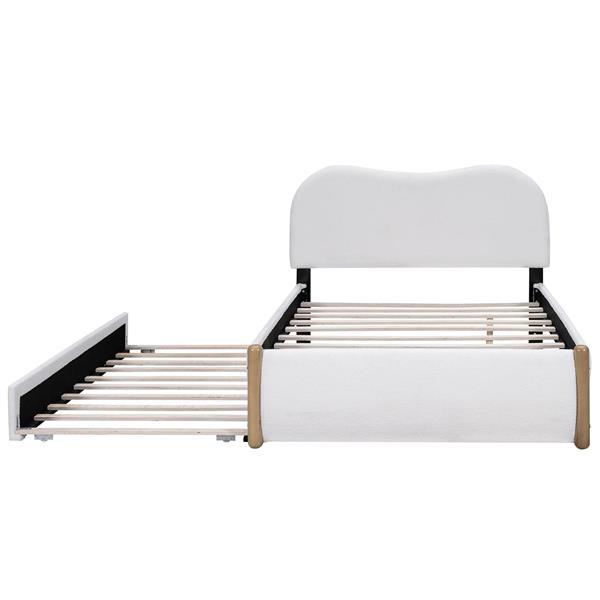 Full Size Upholstered Platform Bed with Wood Supporting Feet and Twin Size Trundle, White