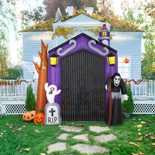 9.8 FT Halloween Inflatables Haunted House Castle Archway Outdoor Decorations, Scary Halloween Giant Grim Reaper Blow up Ghost Decorations for Holiday Party Front Yard Lawn Garden Decor